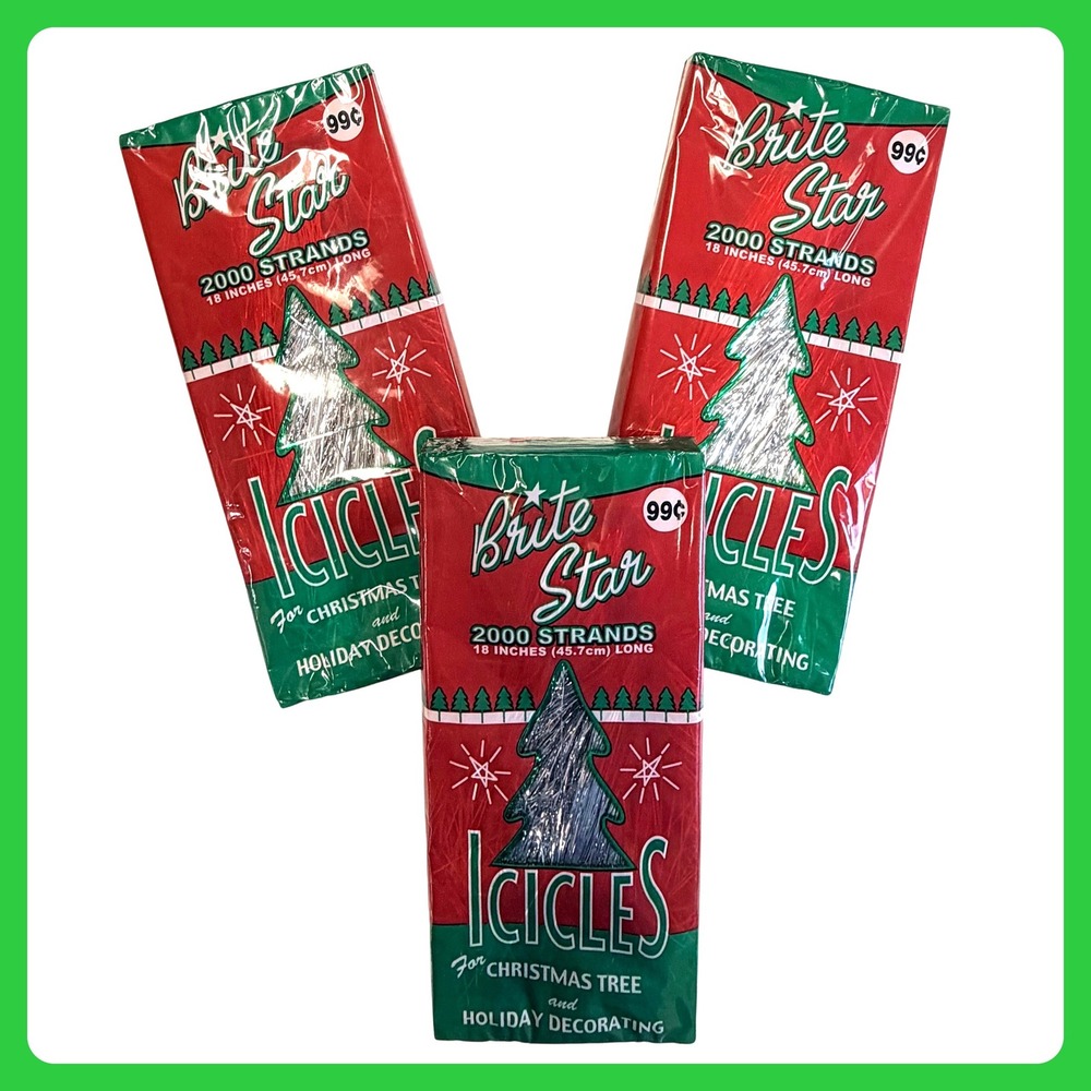 Vintage Brite Star Christmas Tree Icicles 3 PACKS Silver 2000 Strands 18in USA
